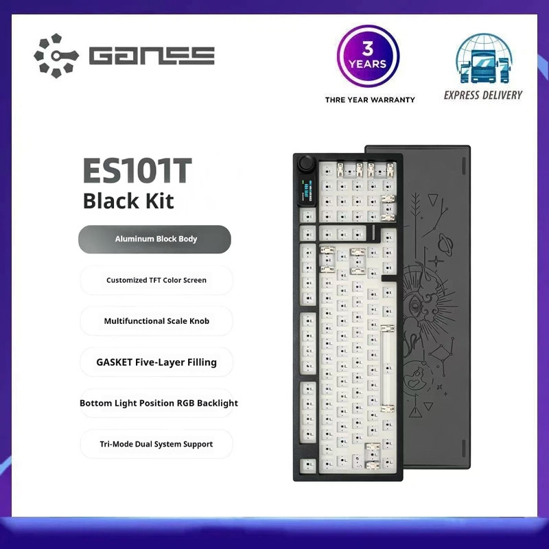 GANSS ES101T คีย์บอร์ดเชิงกลแบบกําหนดเอง - ตัวเครื่องอะลูมิเนียม, บลูทูธ 3 โหมดและแบบมีสาย 2.4G, การ