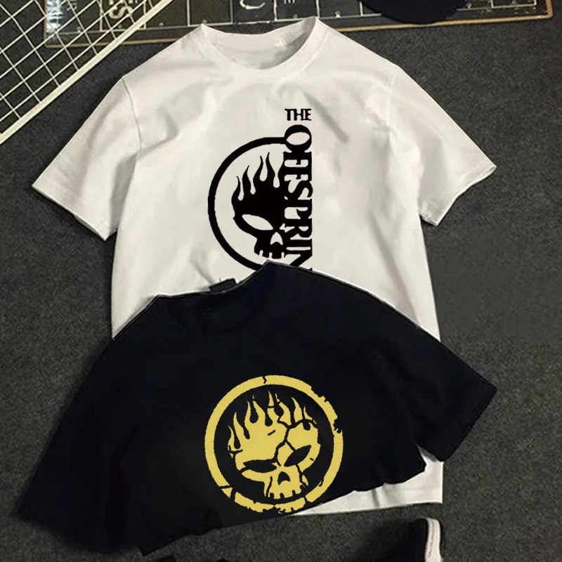 เสื้อยืดพังก์ลายหัวกะโหลกเปลวไฟ ยอดนิยมจากวง The Offspring เสื้อผ้าสตรีทแวร์ฮิปสเตอร์สำหรับผู้หญิงและผู้ชาย
