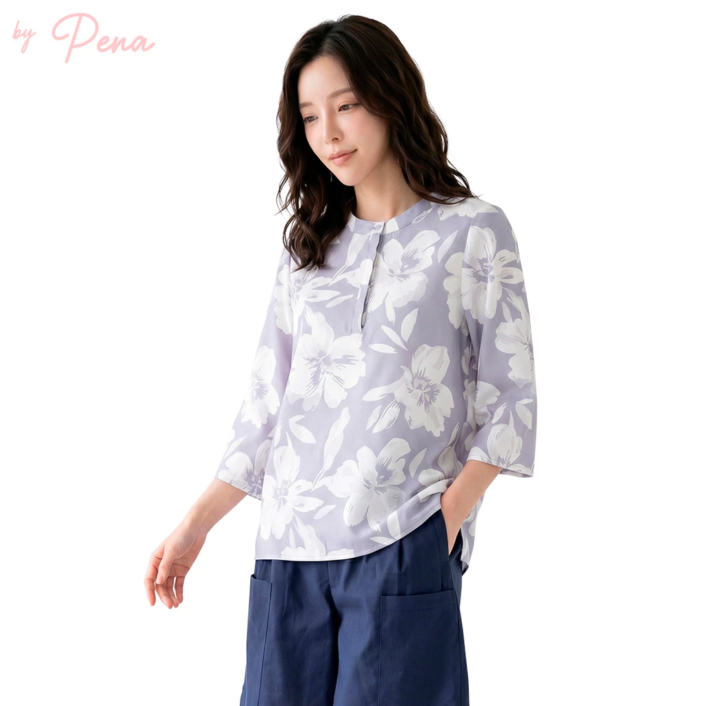 By Pena เสื้อเชิ้ตแขนยาวลายดอกไม้คอจีน BPSL042602