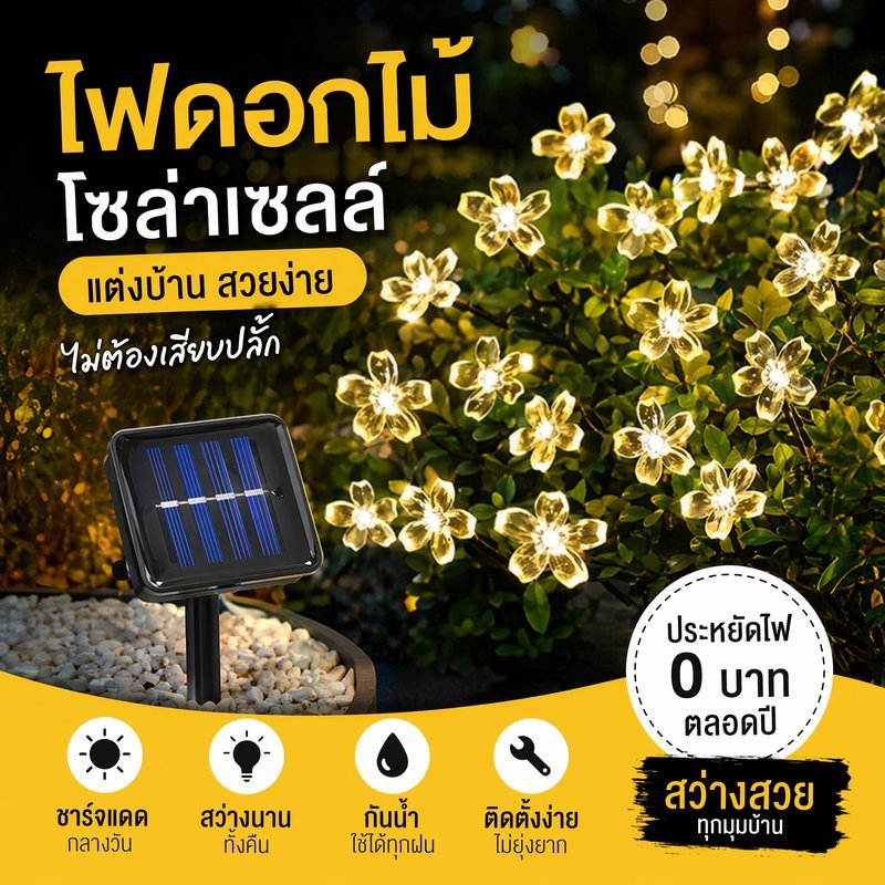 ไฟโซล่าเซลล์ ไฟตกแต่งสวน ไฟลูกแก้ว LED กันน้ำ ประหยัดไฟ กลางแจ้ง สายไฟแต่งสวน 30LED