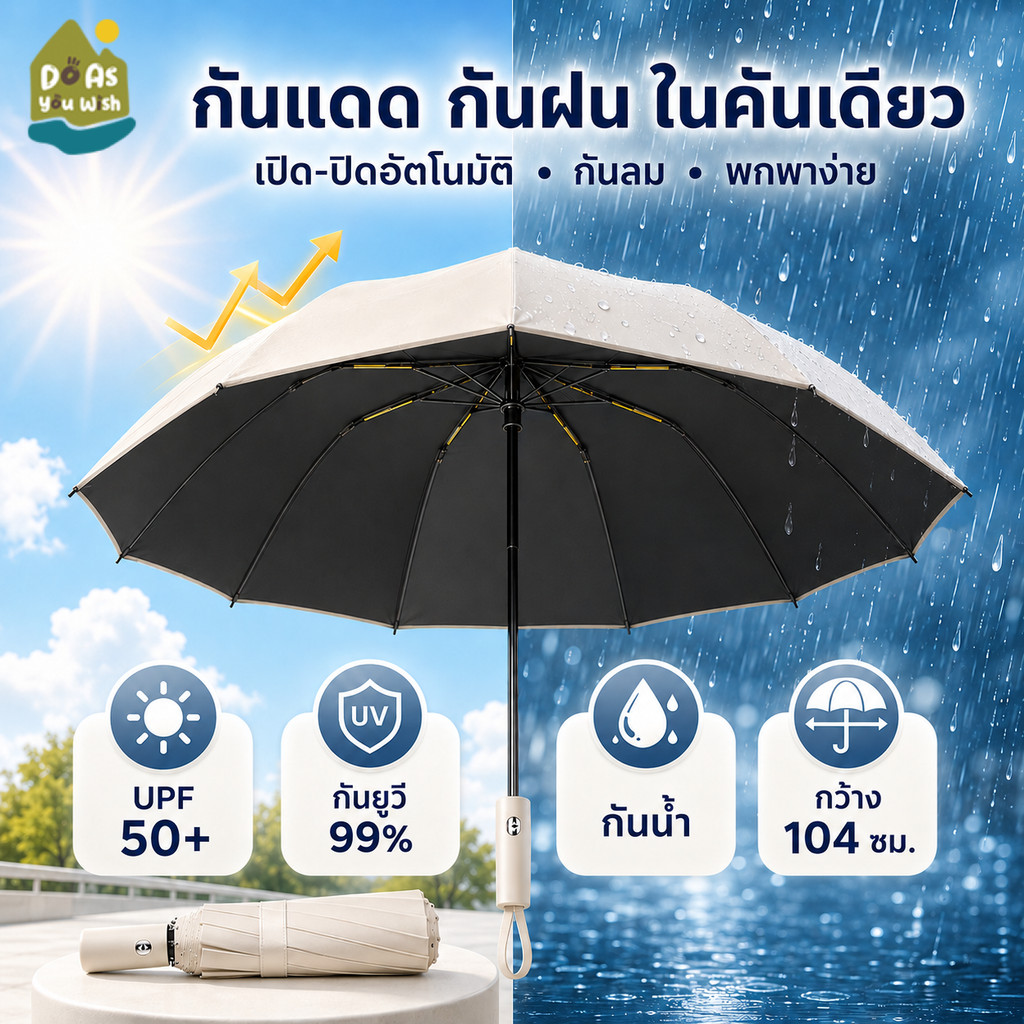 ร่มอัตโนมัติ ร่มพับ ร่มกันแดดกันฝน UV สีพื้น เปิด-ปิดออโต้ พกพาสะดวก โครงแข็งแรง