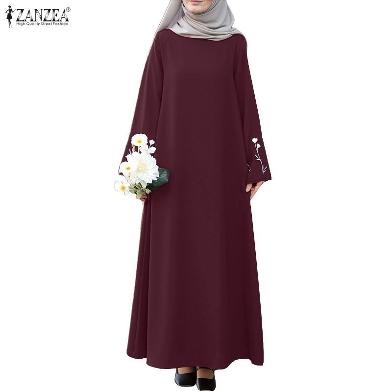 ZANZEA ชุดเดรสแม็กซี่ทรงเอถักลายดอกไม้สําหรับผู้หญิงมุสลิม