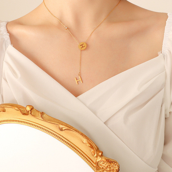 สร้อยคอ สร้อยคอมetallic Zircon Y-Shaped จาก titanium กับเคลือบทองแท้ 18K สไตล์Hip-Hop MHD