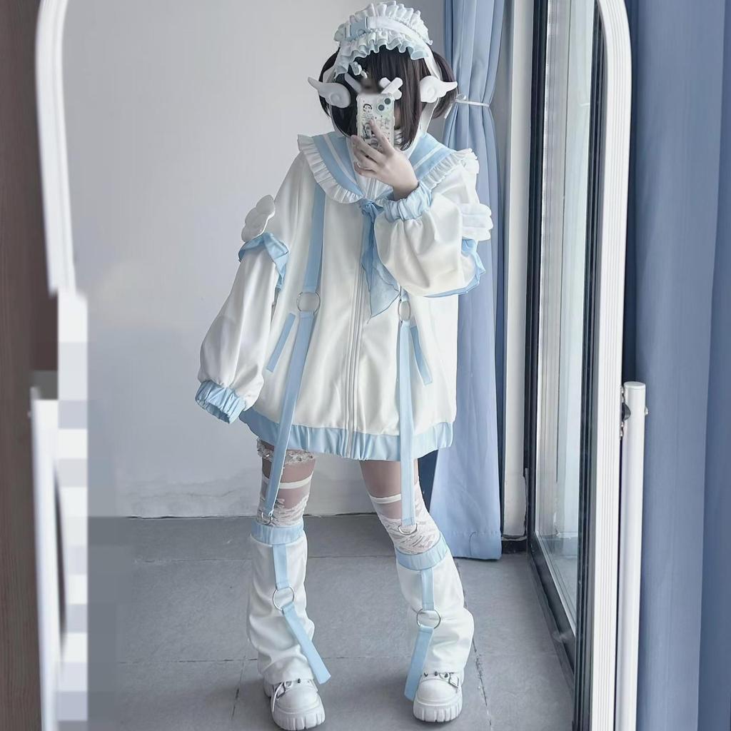 Sense Aqua Color Soft Girl Navy Collar Jacket Female Japanese Style Asian Culture Wings Cute Cardiga