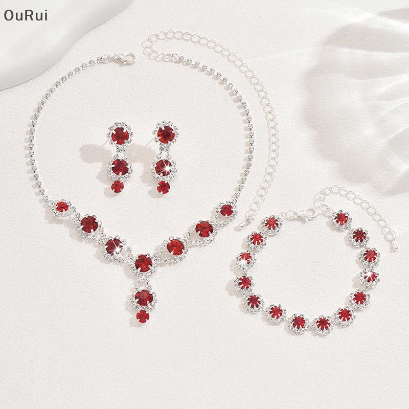 {RUI} เครื่องประดับสร้อยคอชุดแฟชั่นประณีตหรูหราสีแดง/สีฟ้า/เงิน Etc/Zircon สร้อยคอคริสตัลสร้อยข้อมือ