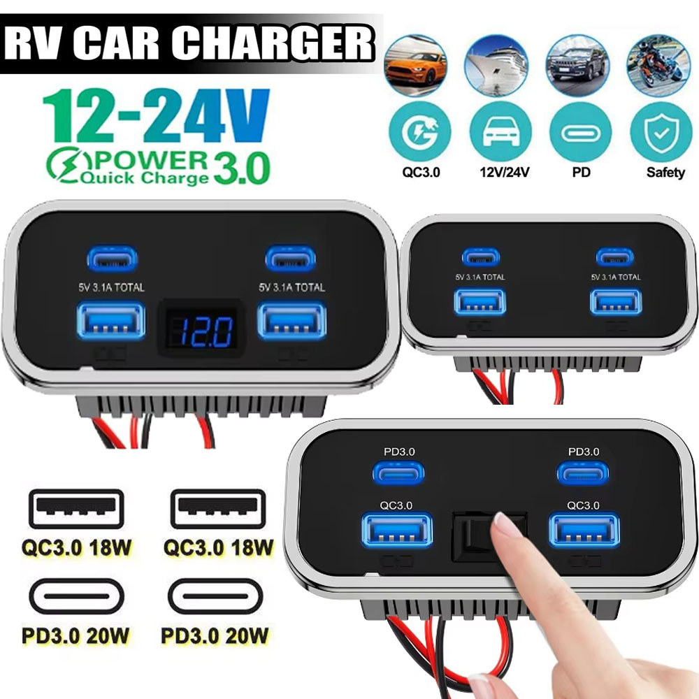 4 พอร์ต 76W 12-24V RV USB Outlet Dual PD3.0 Type-C Car Fast Charger & QC3.0 แผง Wall Mount อะแดปเตอร์ชาร์จสําหรับรถรถบัส RV ATV รถบรรทุกเรือ