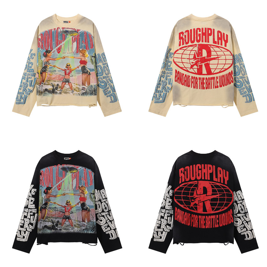 เสื้อยืดแขนยาว พิมพ์ลายทำให้เก่า ดีไซน์โมเดิร์น