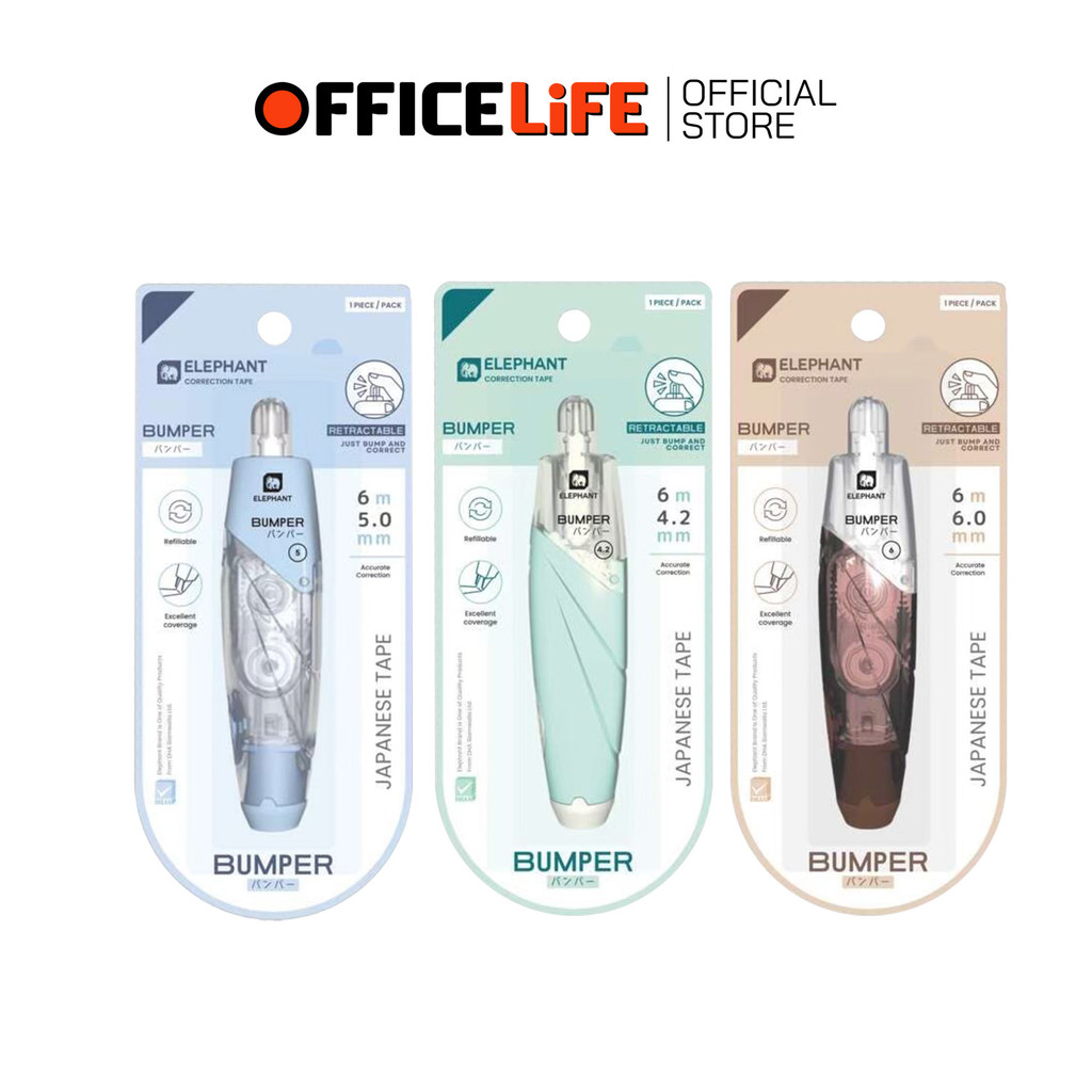 Elephant (ตราช้าง) เทปลบคำผิด รุ่น Bumper ยาว 6 m. มีขนาด 6 / 5 / 4.2 mm  และ ไส้เทปลบ จำหน่ายแยก ( 