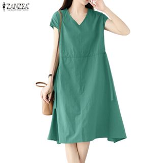 ZANZEA ชุดเดรสแขนสั้นสไตล์เกาหลี ดีไซน์ V-neck สำหรับสวมใส่ล…