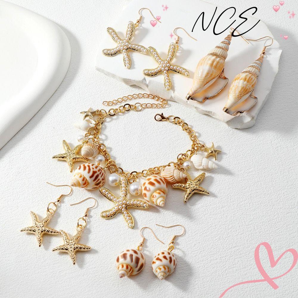 เซ็ตเครื่องประดับสไตล์โบฮีเมียน ประกอบด้วยสร้อยข้อมือ NCE, สร้อยคอมุกเปลือกหอย และต่างหูปลาดาว พร้อม