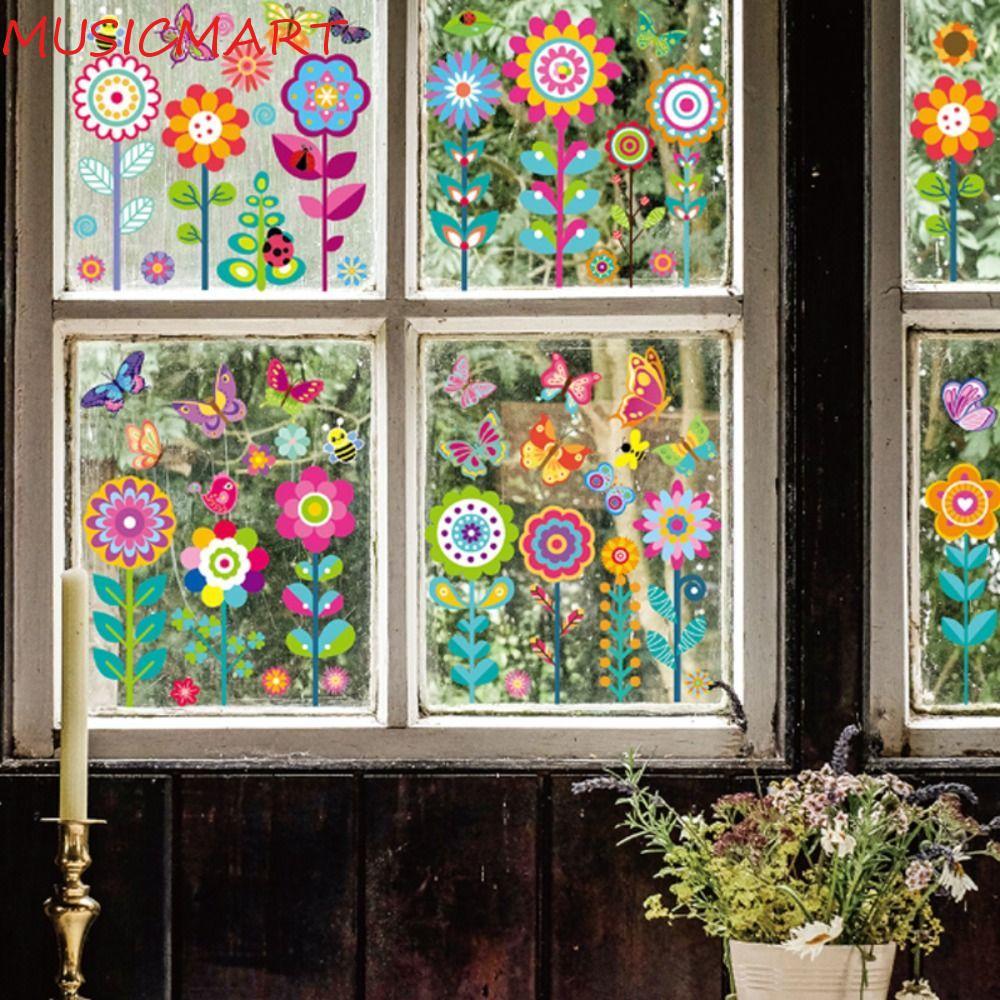 MUSICMART 9Sheepts/Set Spring Flowers Window Stickers, Double Sided Waterproof Wall Stickers, DIY Bu
