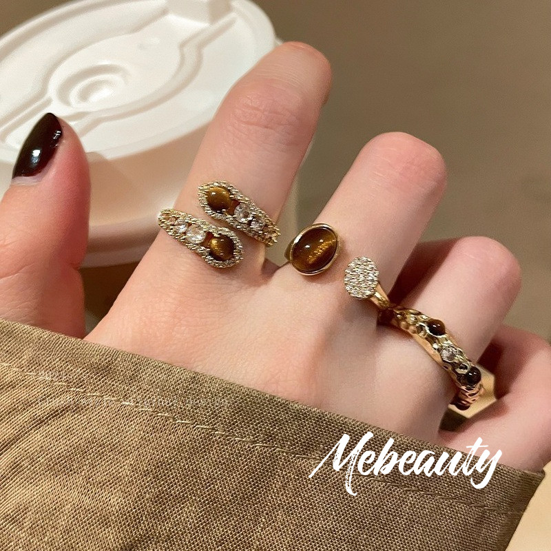 MATA MEBEAUTY แหวนผู้หญิง Tiger Eye Stone เซอร์โคเนียม Vintage ออกแบบเฉพาะ Luxury Index Finger Premi