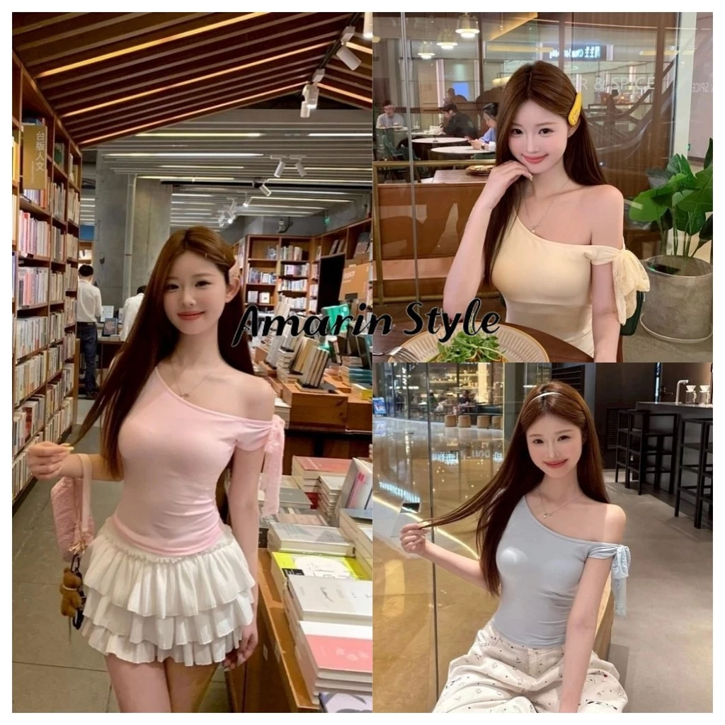 Amarin🌸พร้อมส่ง🌸【เสื้อผ้าผู้หญิงใหม่2026】เสื้อปาดไหล่ ลายลูกไม้ สีพาสเทล ยืดพอดีตัว เกิร์ลลี่น่ารักสบายตัวFY2918