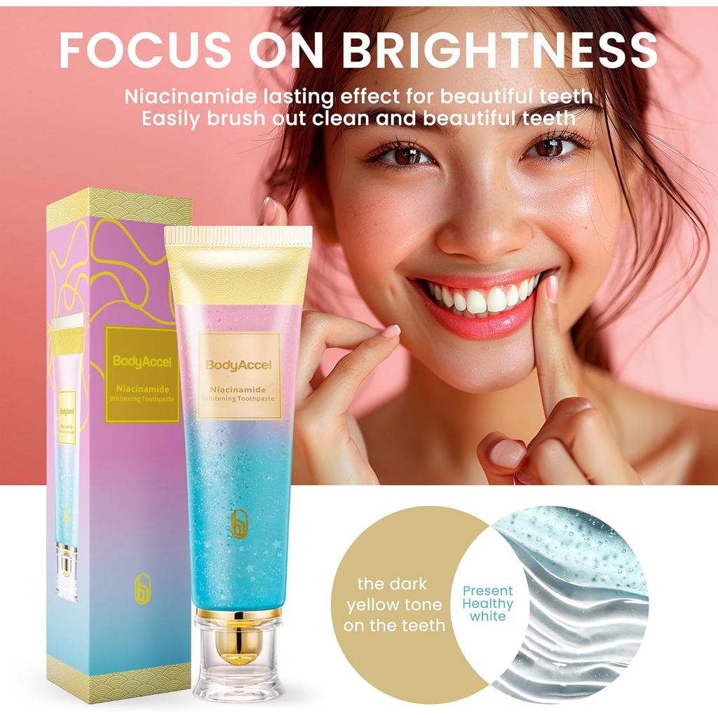 ยาสีฟันไวท์เทนนิ่ง BodyAccel Niacinamide 2 แพ็ค, ยาสีฟัน Triple Whitening Niacinamide, เพิ่มความสว่างและฟันขาว, อ่อนโยนจากธรรมชาติ, ลมหายใจสดชื่น - รูปที่ 2