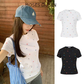 MOSESQUEEN มอสส์ ราชินี เสื้อยืดแขนสั้นพิมพ์ลายดิจิตอลแบบยาวเต็มตัวที่เหมาะกับหุ่นเรียบด้านบนพื้นฐานและอเนกประสงค์ที่สามารถสวมใส่ได้หลากหลาย #63687