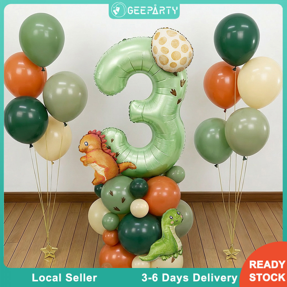 GeeParty ลูกโป่งฟอยล์ไดโนเสาร์ T-Rex และ Brachiosaurus ใหม่ 39 ชิ้น ลูกโป่งตัวเลขสีเขียวอมเทาและเขียวมะกอก สำหรับงานเลี้