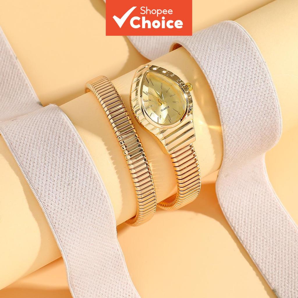 Retro Snake Drop นาฬิกาควอตซ์สําหรับผู้หญิง Champagne Gold Dial Full Gold Steel Band Luxury