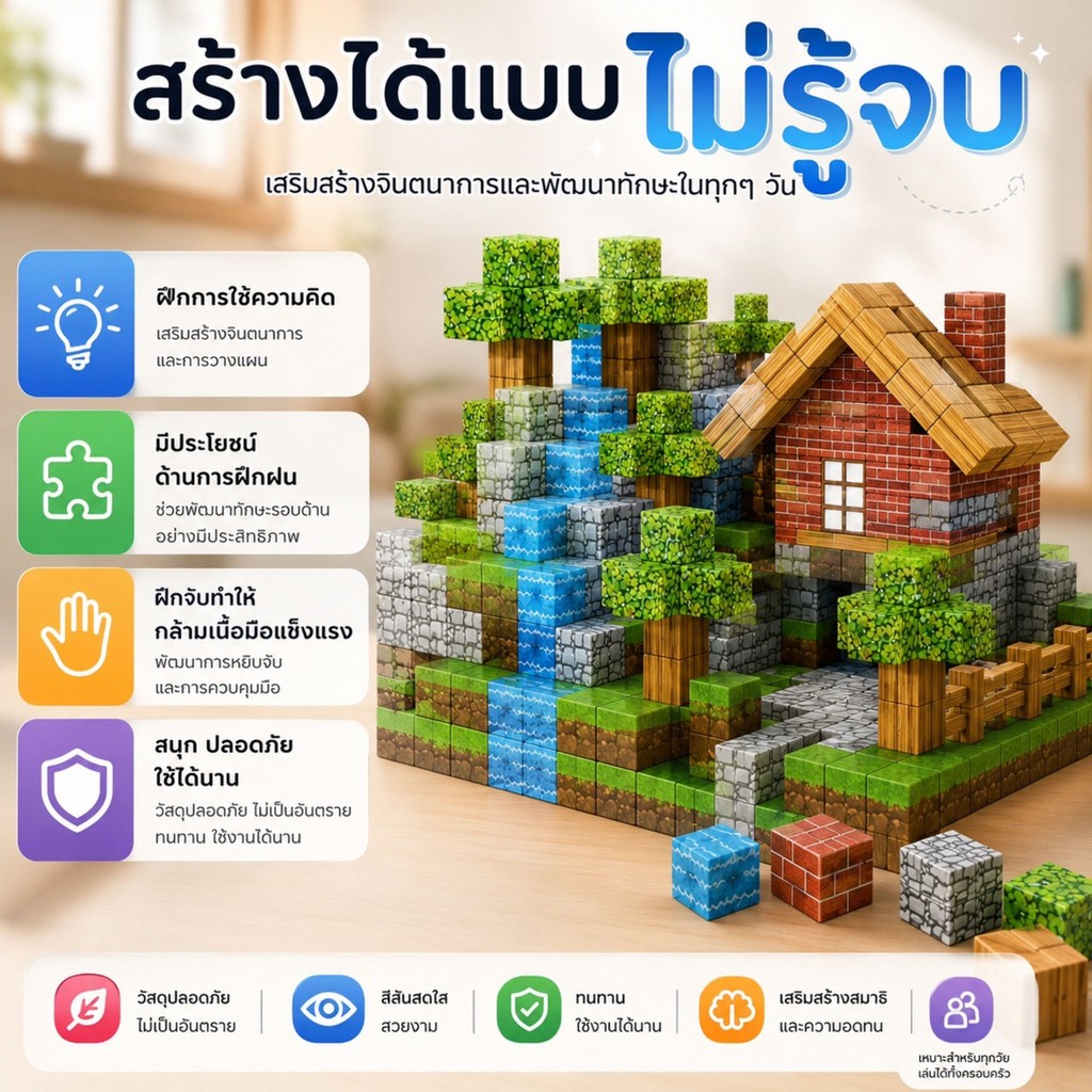 ตัวต่อลูกบาศก์แม่เหล็ก 3D บล็อกพิกเซลเสริมพัฒนาการ ของเล่นปลายเปิด ฝึกสมาธิและจินตนาการ [มี มอก.]