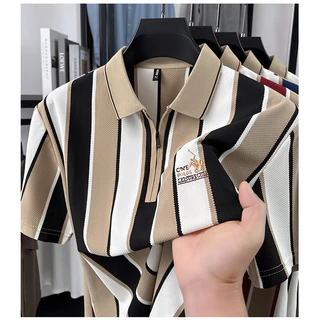 เสื้อโปโลผู้ชายแขนสั้น มีซิป ลายทาง ทรงพอดี ดูดีมีระดับ ใส่สบาย ระบายอากาศ