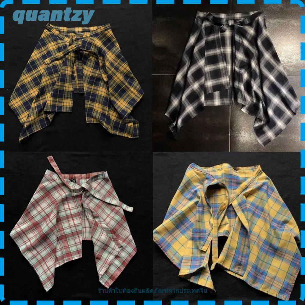 QUANTZY เอวเสื้อ,สีฟ้าตาข่ายสีขาวยืดหยุ่นผู้หญิงกระโปรงลายสก๊อต,สบายๆไม่สม่ําเสมอโบว์โบว์มินิ a-line กระโปรงสั้นสาว Streetwear