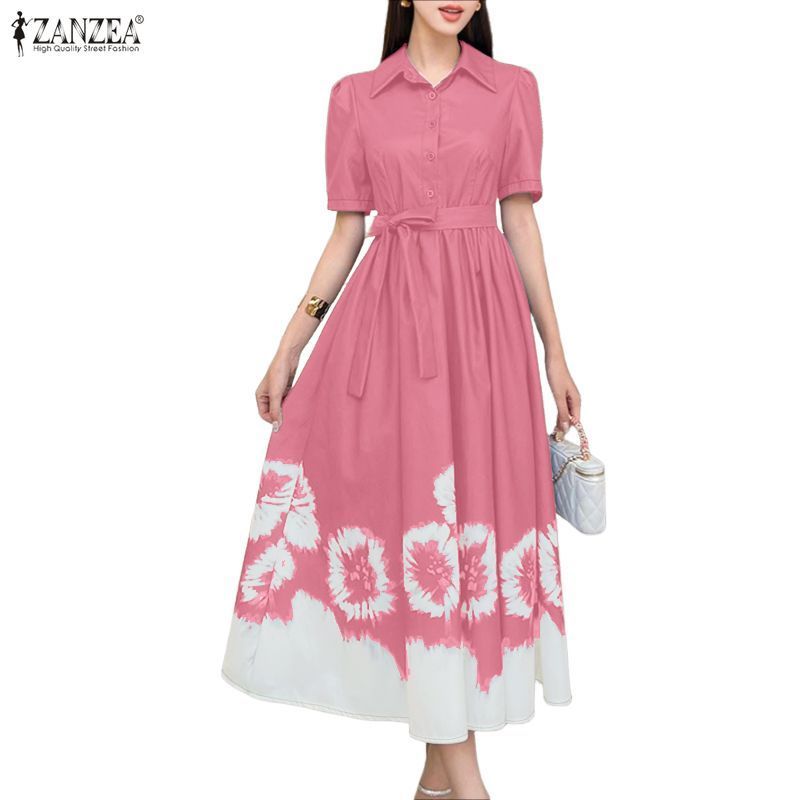 ZANZEA ชุดเดรสเชิ๊ตสำหรับผู้หญิงสไตล์เกาหลี พิมพ์ลายทาย์ได้ แขนสั้น ทรงเอไลน์ — صورة 6