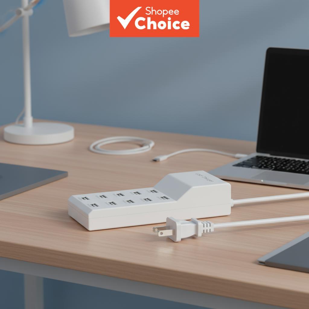 เครื่องชาร์จโทรศัพท์ 50W 10 ช่อง USB 5V 2.4A ฮับชาร์จหลายช่อง รองรับ Android, iPhone, แท็บเล็ต, หูฟั