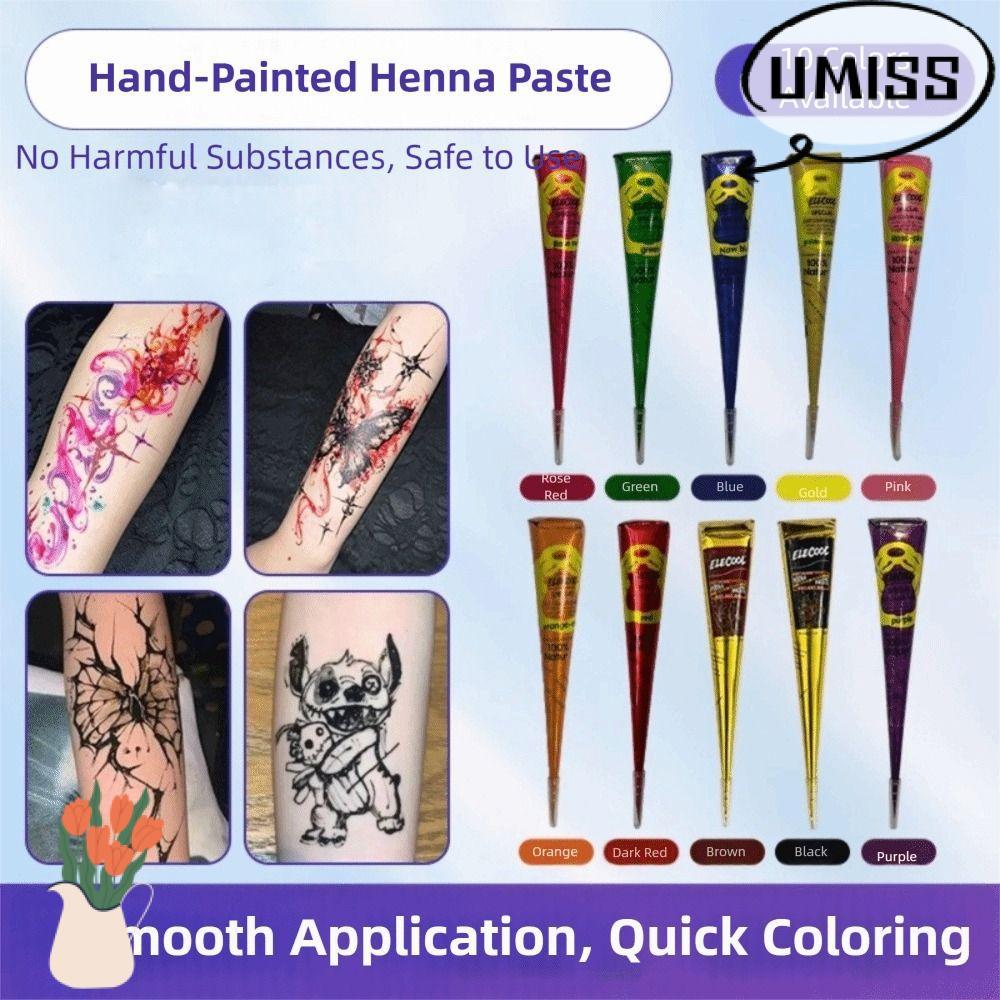 UMISS Henna Tattoo Cream, Black Brown กึ่งถาวร Henna Paste Cone, ครีมสักง่ายต่อการใช้ชั่วคราว Mehndi