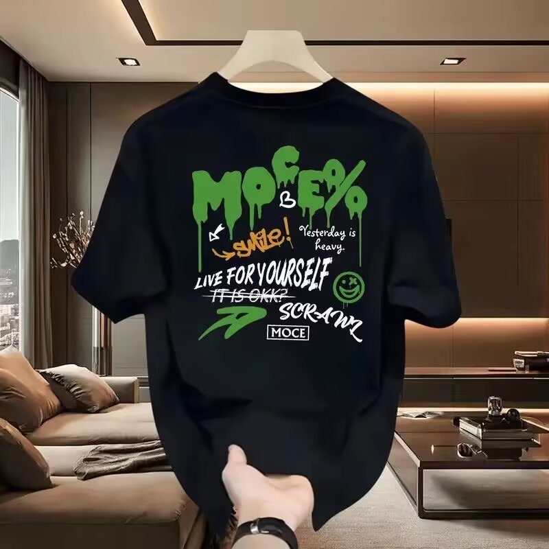 เกาหลีเกาหลี2026หนักถนนสวมผ้าฝ้ายแท้พิมพ์เสื้อยืดแขนสั้นผู้ชาย2025แบบใหม่ฤดูร้อนขายดีอินเทรนด์เสื้อย