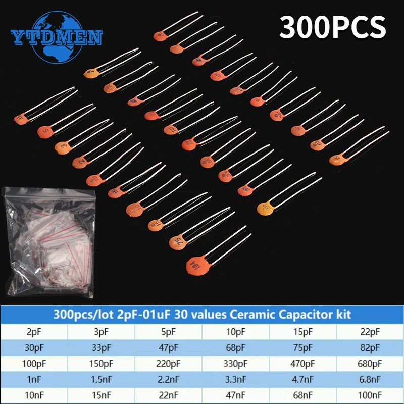 300PCS Ceramic Capacitor Set 2pF~0.1uF 30 Values*10pcs Capacitors Assortment Kit Electronics Compone