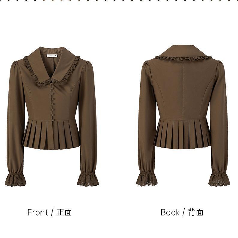 Chili Koko เสื้อผู้หญิงทรงเรโทร คอปกปีเตอร์แพน แขนพอง เอวเข้ารูป ชายเสื้อจีบ เสื้อแขนยาวแฟชั่นสไตล์เกาหลี W688 รูปที่ 7