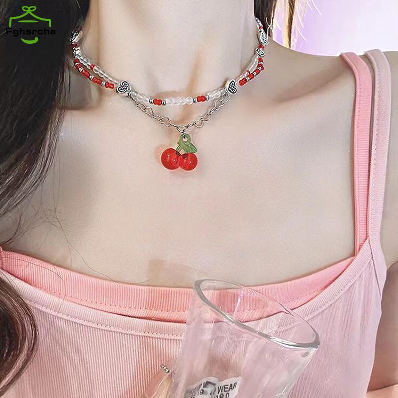 [FHC] Y2K สีแดงเชอร์รี่หัวใจลูกปัดสร้อยคอChokerผู้หญิงBohoลูกปัดเชอร์รี่จี้สร้อยคอVINTAGEไม่สม่ําเสม