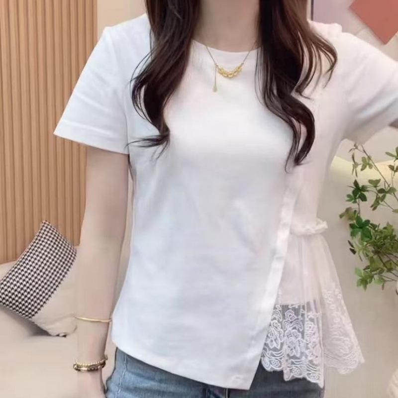 mimi&didi#เสื้อยืดผู้หญิง ลูกไม้เย็บปะติดปะต่อกัน คอกลม แขนสั้น ทรงหลวม เรียบหรู อเนกประสงค์ เหมาะสำหรับเยาวชน#99312