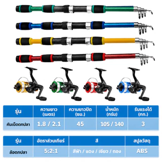 คันเบ็ดแบบยืดไสลด์ 1.8 เมตร 5 สี 6 ส่วนคันเบ็ด 5.2: 1 อัตราทดเกียร์ปั่นม้วนคันเบ็ดตกปลารีล รอกตกปลา รอกสปินนิ่ง