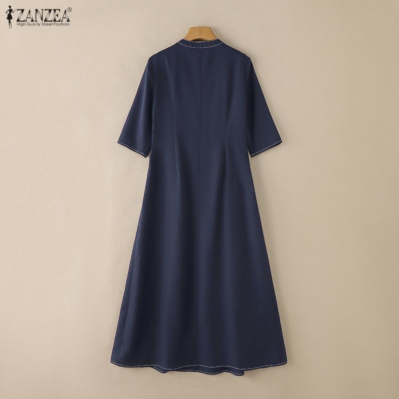 ZANZEA ผู้หญิงเกาหลีวินเทจลําลองคอตั้งกลางแขนครึ่งกระดุมสีตัดกัน Midi Shirtdresses — صورة 8