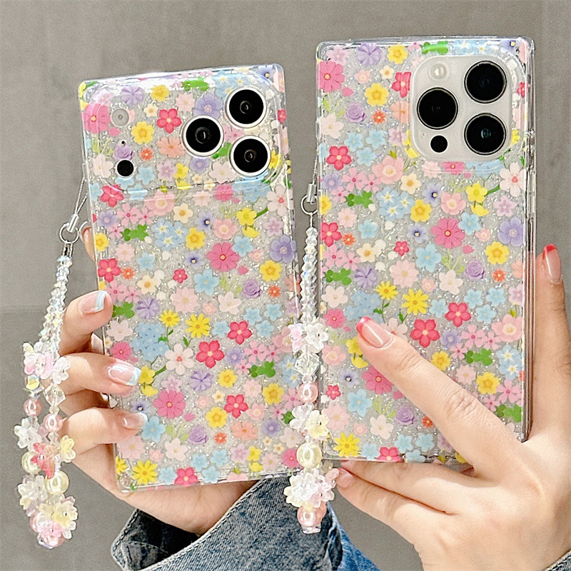 ดอกไม้สีสันสดใสแวววาว + สร้อยข้อมือสําหรับ iphone17promax 16promax 15promax 15pro iphone15 ใหม่ TPU เคส iphone กันฝุ่น