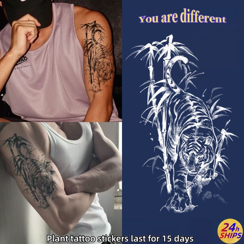 ลายเสือลายสักครอบงําชายแขนพืชสักสติกเกอร์รอยสักกันน้ํายาวนาน15วันสติกเกอร์ผิวชั่วคราวสักปลอม