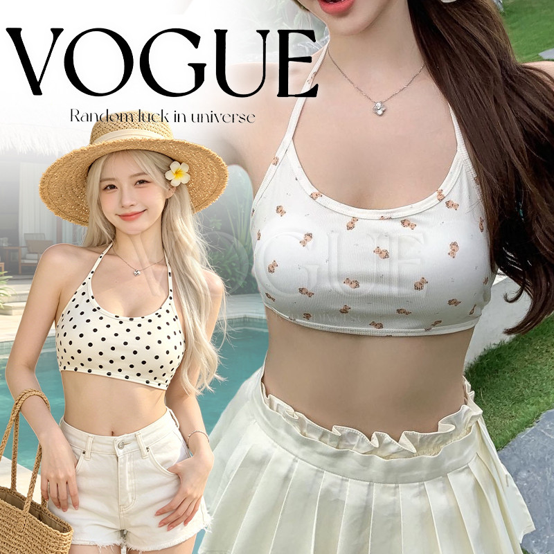 Vogue พร้อมส่ง เสื้อกั๊กคล้องคอผ้ายืดนุ่ม ลายการ์ตูนน่ารัก ทรงครอปโชว์เอว ไปเที่ยวทะเล ใส่ชิวๆ(FY7039)