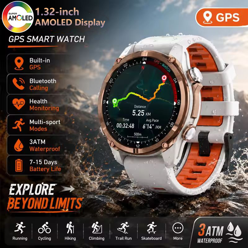 2026New ในตัว GPS สมาร์ทนาฬิกา AMOLED ทหารบลูทูธ 3ATM เข็มทิศกันน้ํา Barometric เครื่องวัดความสูงกีฬา Smartwatches ผู้ชาย