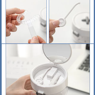 พร้อมส่ง COD กล่องรีเทนเนอร์จัดฟัน 3in1 ทำความสะอาด+ระบายน้ำ+เก็บ มีกระจกในฝา กันรั่วพกพา ใส่ฟันปลอมได้