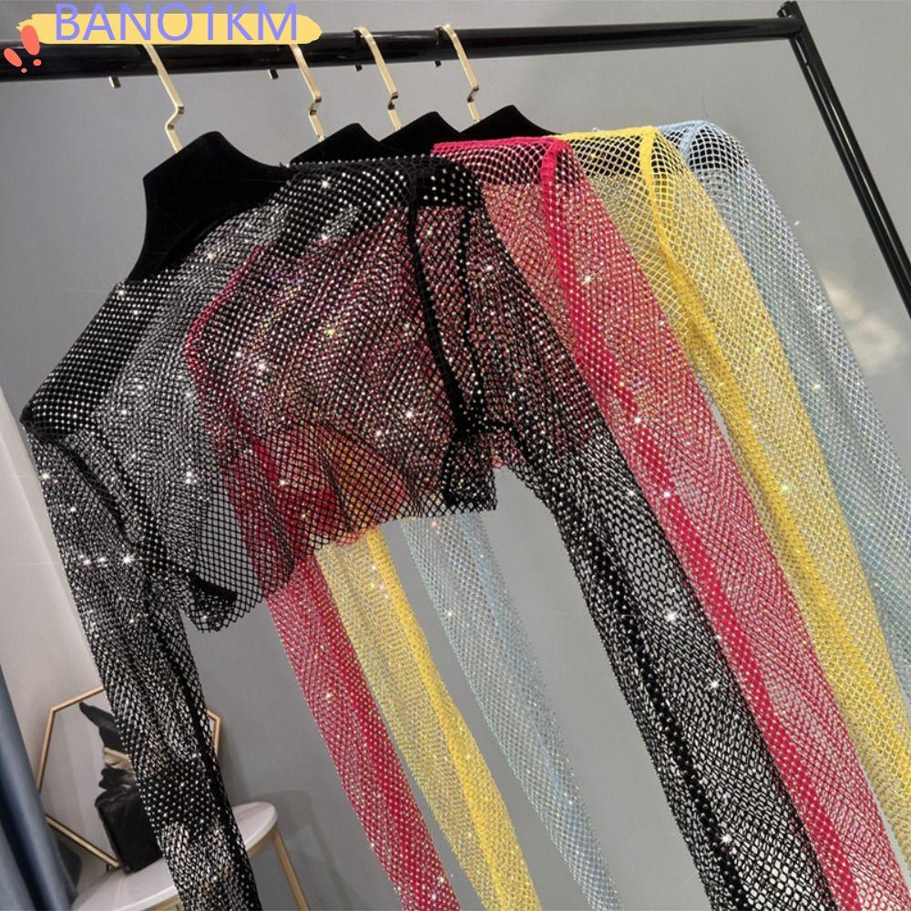 BANO1KM ตาข่ายสั้น,รอบคอสีสัน Rhinestone สั้น, Camisole แขนยาว Sun Protection เสื้อฤดูร้อน