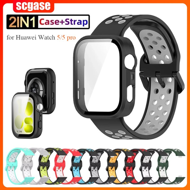 PC กระจกนิรภัย + สายซิลิโคนสําหรับ Huawei Watch Fit 5 4 3 กันชนป้องกันสําหรับ Huawei Watch Fit 5 pro/4 Pro Breathable Watchband