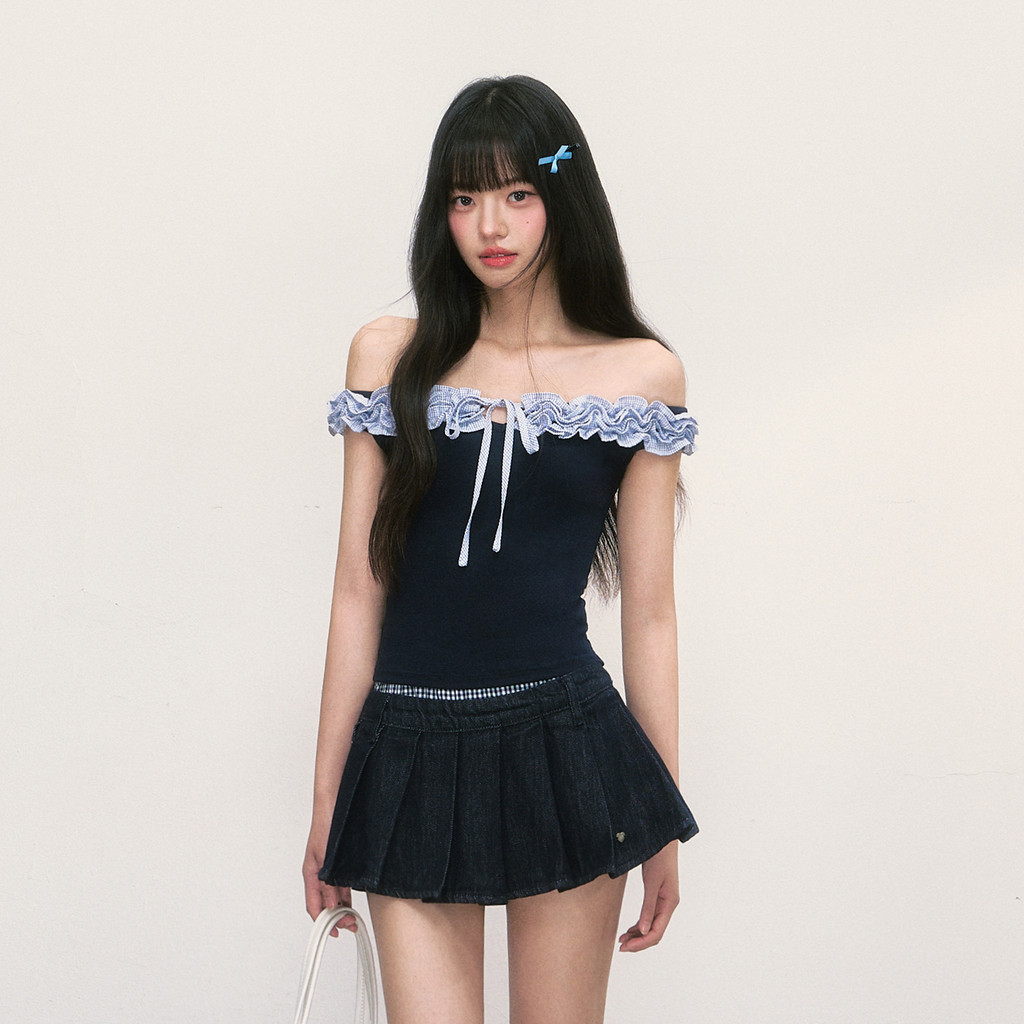 weekendhub เสื้อเปิดไหล่ แต่งลูกไม้ผูกโบว์ รัดรูป สีน้ำเงิน สไตล์ฝรั่งเศสหวาน รุ่นใหม่