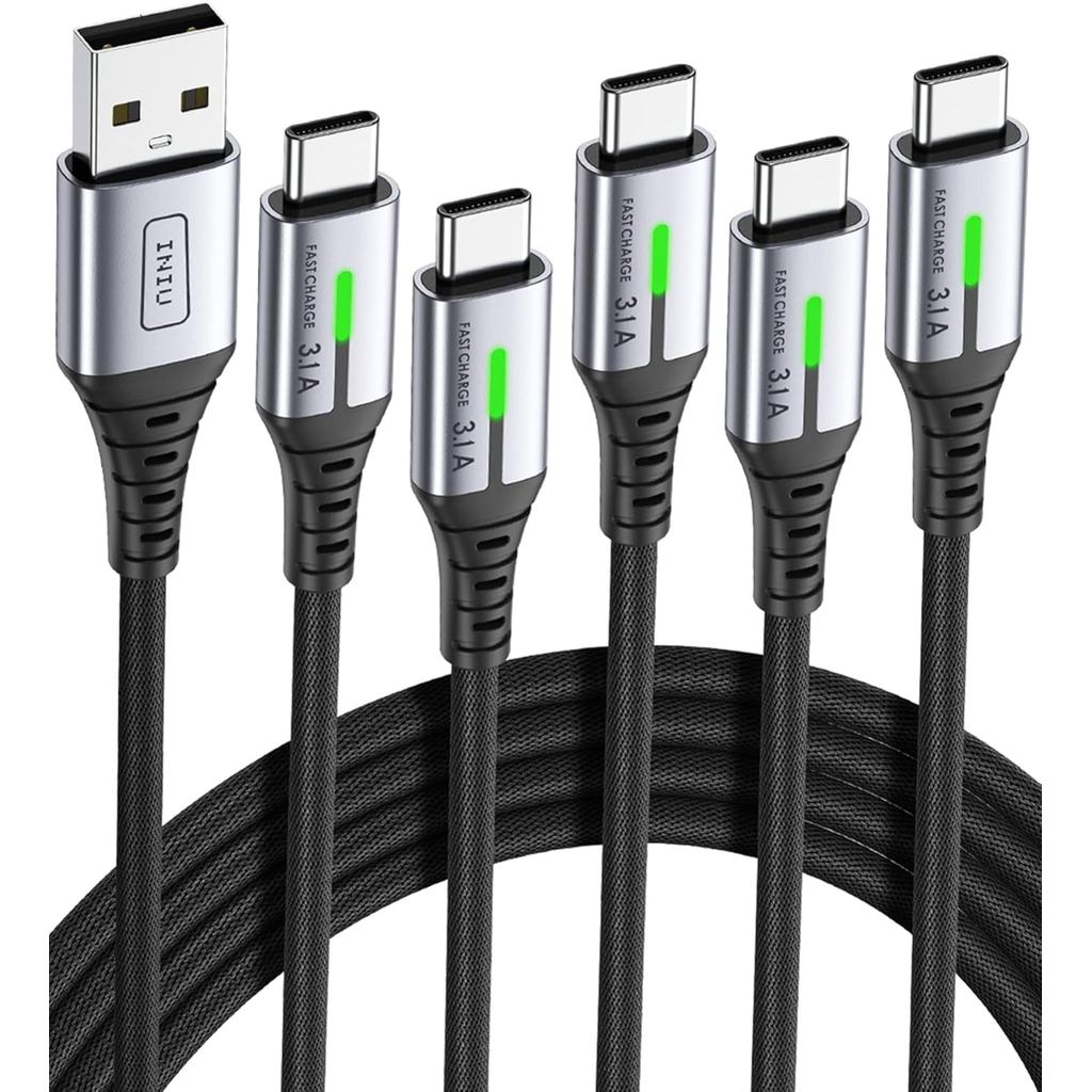 INIU สาย USB to C ชาร์จเร็ว, [5 แพ็ค, 1.6FT+3.3FT*2+6.6FT*2] 3.1A สาย Type C, ไนลอน USB-C สายชาร์จโท