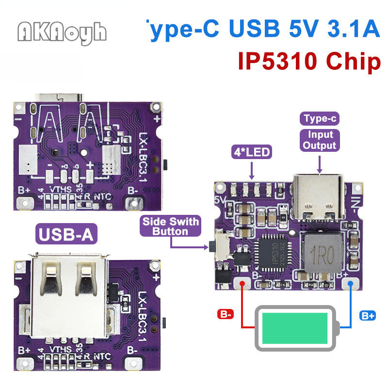 Type-C USB 5V 3.1A Boost Converter Step-Up โมดูล IP5310 Mobile Power Bank อุปกรณ์เสริมพร้อมสวิตช์ LE