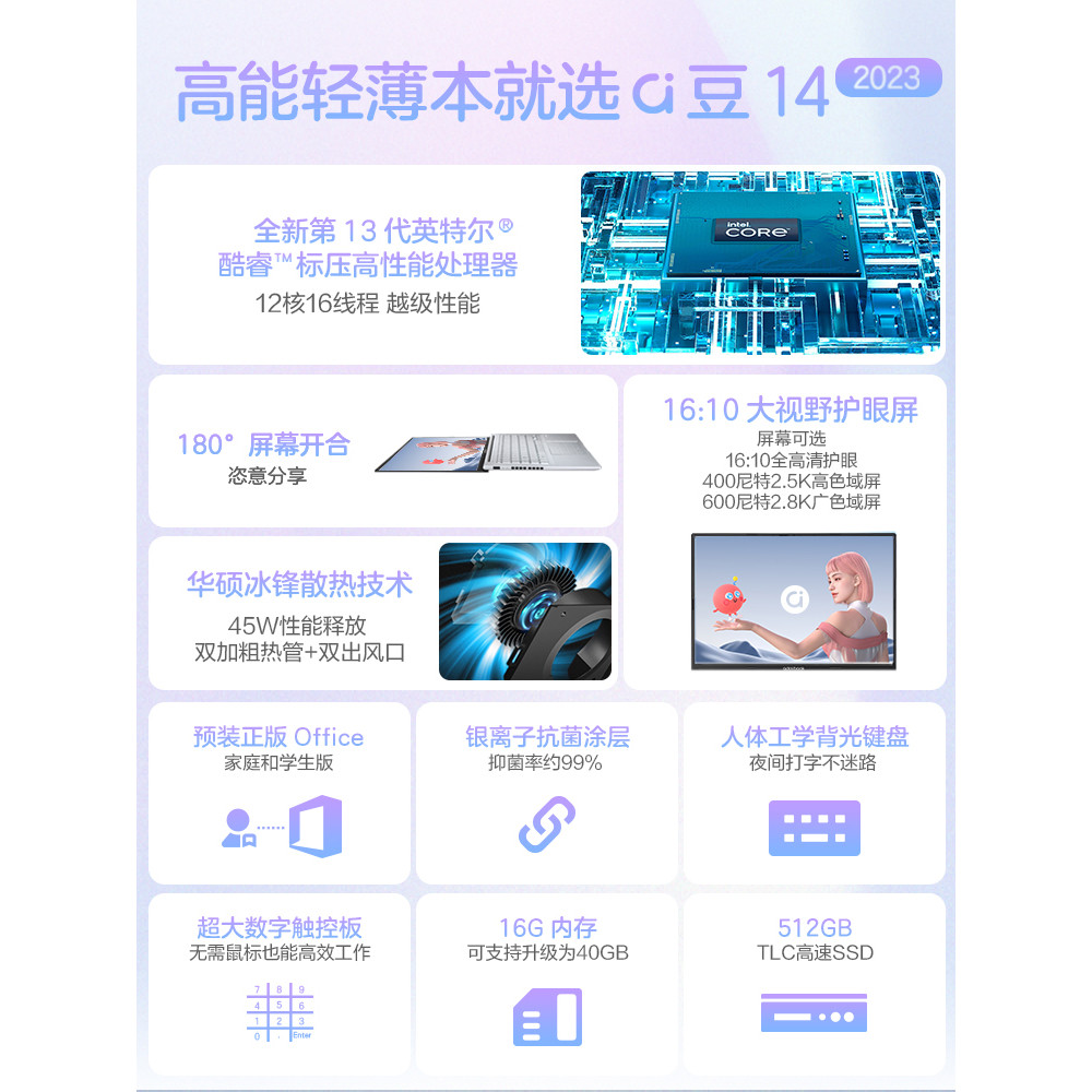 Asus Bean 14 2023 หนังสือพกพาประสิทธิภาพสูง จอ 14 นิ้ว Intel Core i5 Gen 13 เหมาะสำหรับนักเรียน ทำงา