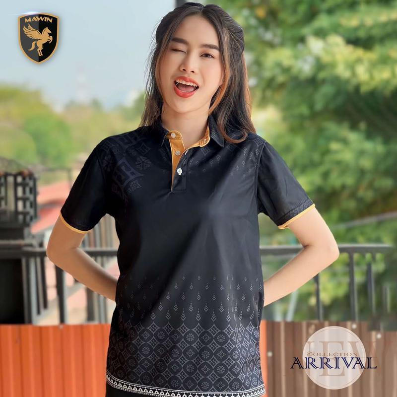 MAWIN เสื้อโปโล ลายไทยจตุรัก สีขาว/ดำ ใส่ได้ทั้ง ผู้ชาย และ ผู้หญิง Polo Shirt Clothing คอปก