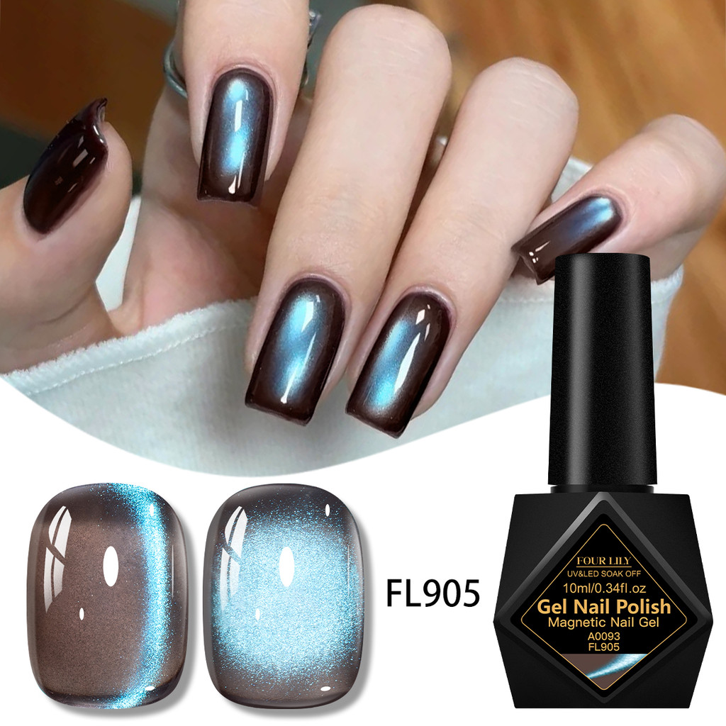 FOUR LILY Mint ช็อกโกแลตแมวแม่เหล็กเล็บเจล Haze สีฟ้า Glitter กึ่งถาวรเจลเคลือบเงาเล็บอุปกรณ์