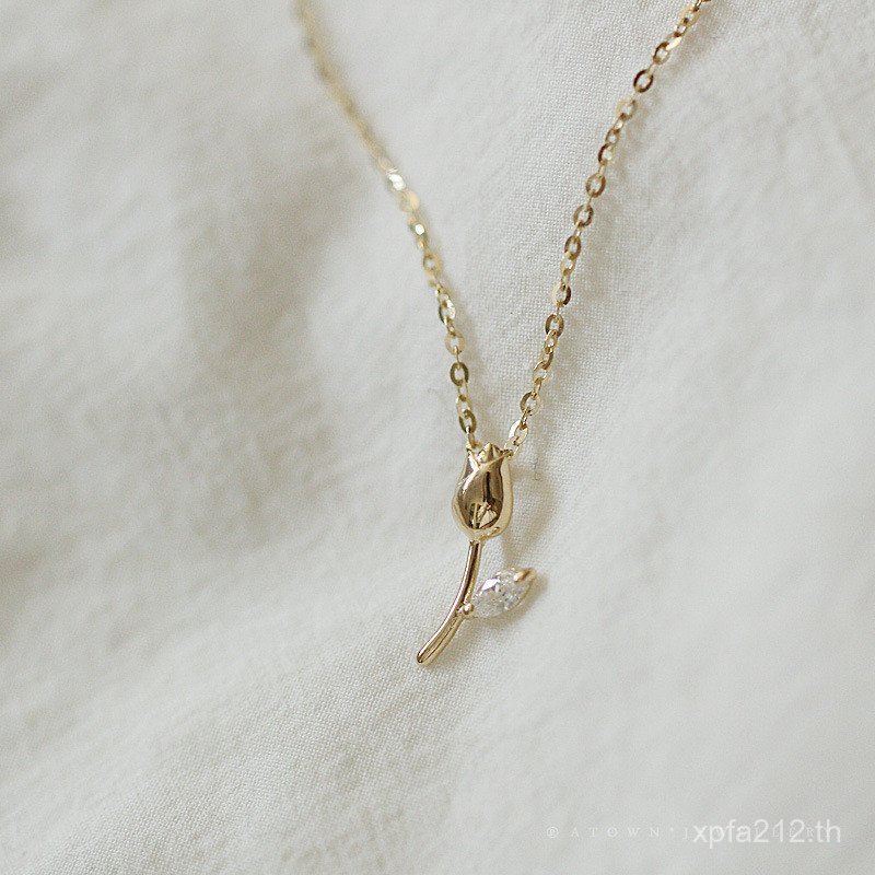 Classy Gold สร้อยคอ S925 ชุบหญิง 14k Niche Clavicle Chain ทิวลิปดอกไม้ออกแบบรู้สึกเงินสเตอร์ลิง Mini