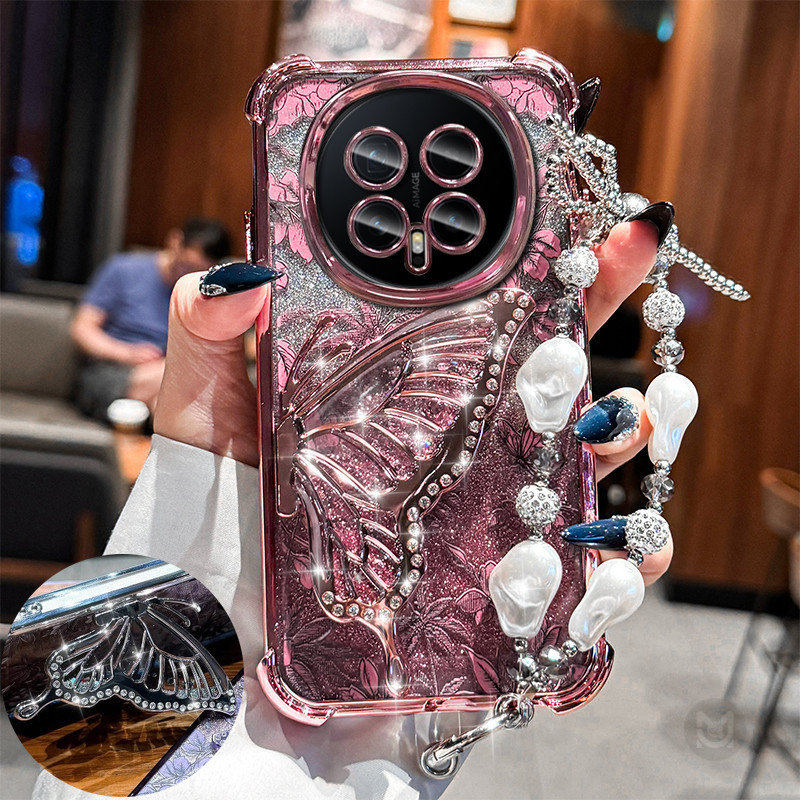 3D Glitter ผีเสื้อ Quicksand Bracket เคสโทรศัพท์พร้อมสร้อยข้อมือมุกสําหรับ Huawei Nova Y91 Y90 Y73 Y