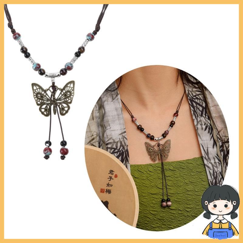 Bang Vintage Wax Rope Handmade Ceramics Bead สร้อยคอจี้ผีเสื้อสําหรับคนรัก